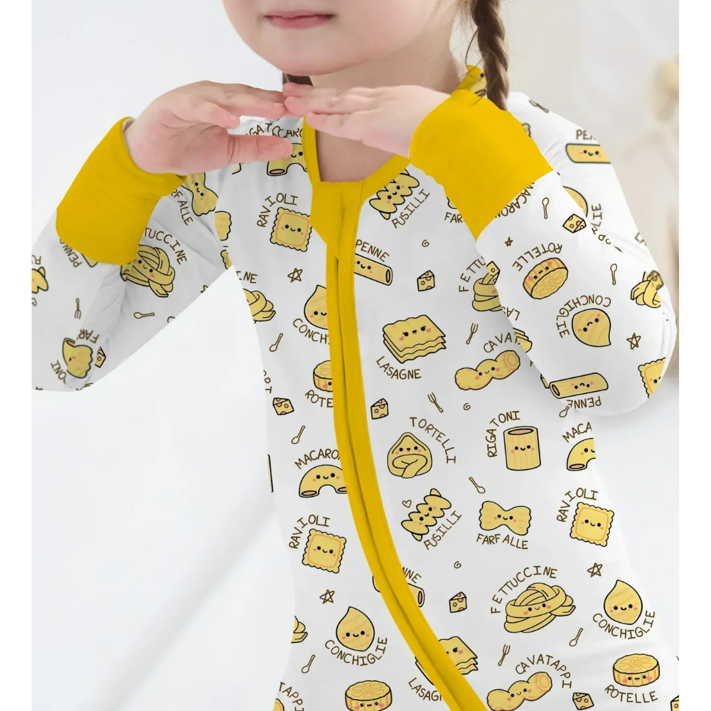 Pasta Food Yellow White Baby Convertible Romper Zipper, Italian Food Baby Romper Convertible BB0827