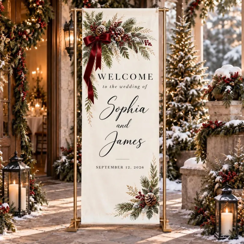 Custom Christmas Wedding Linen Welcome Banner, Custom Winter Wedding Welcome Sign WD0991