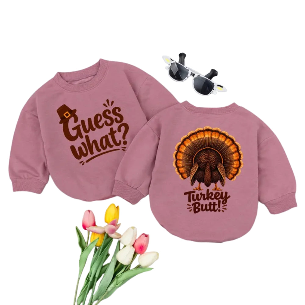 Guess What Turkey Butt Baby Romper Sweatshirt, Funny Thanksgiving Baby Romper Sweater BB0935