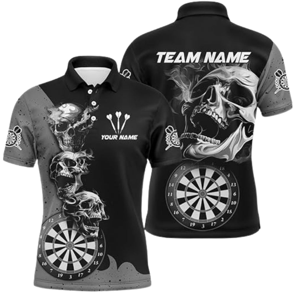 Custom Grey Smoke Skull Darts Men Polo Shirts, Custom Skull Darts Team Shirts DZ0034