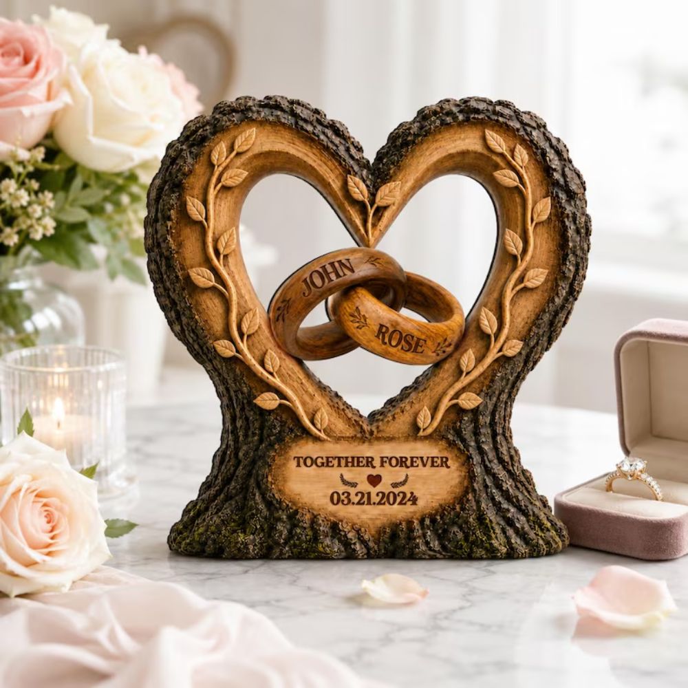 Custom Couple Rings Interlocking Wooden Plaque, Custom Wedding Anniversary Wooden Block WD0768