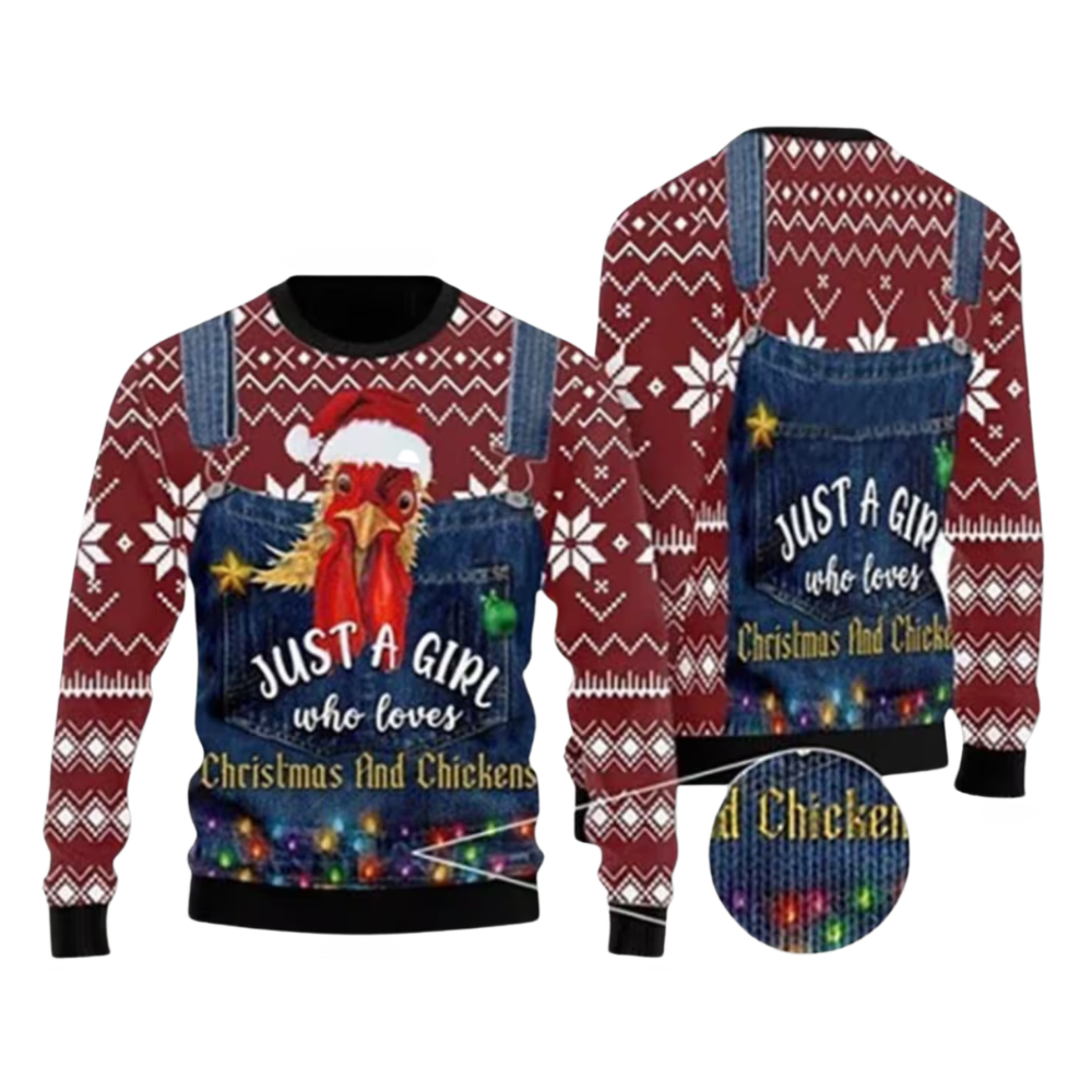 Just A Girl Who Loves Christmas And Chicken Ugly Sweatshirt, Funny Christmas Ugly Sweater For Farmer 2D1158