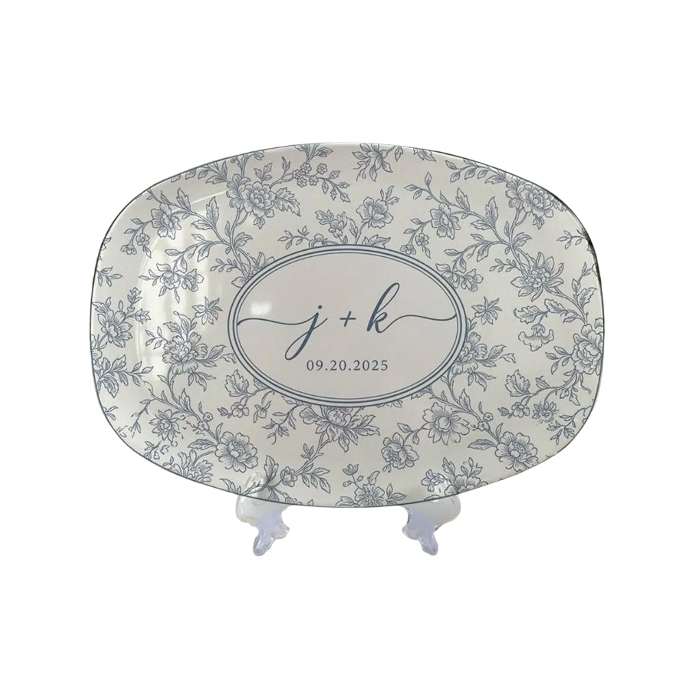 Personalized Couple Initials Name And Date Floral Plate Toile De Jouy, Custom Wedding Platter WD0283
