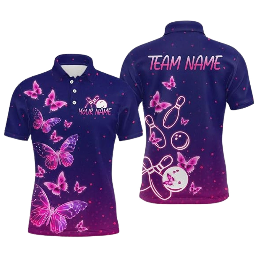 Custom Purple Butterflies Bowling Polo Shirt Mens, Custom Butterfly Bowling Team Shirts BZ0357