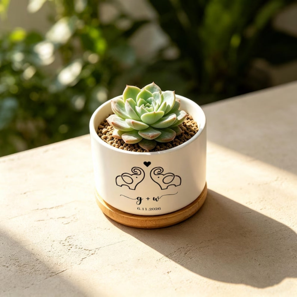 Custom Elephant Couple Initials Flower Pot, Custom Wedding Pot For Couple WD0334