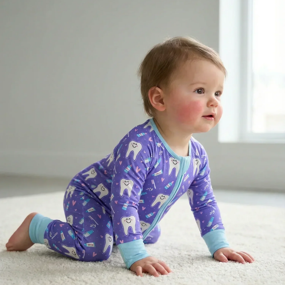 Brushing Teeth Purple Baby Romper Convetible Zipper, Teeth Baby Romper Convertible BB0892