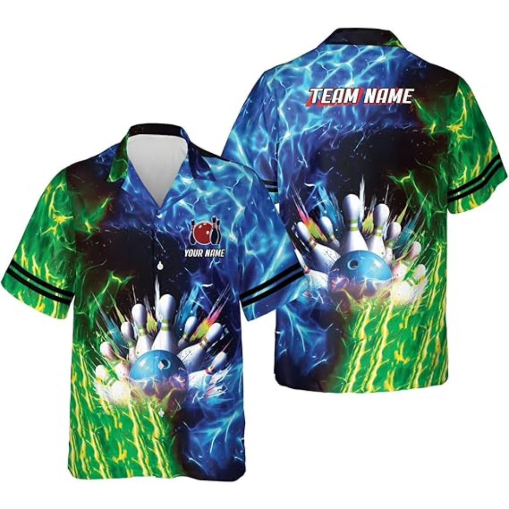 Custom Blue and Purple Flame Bowling Hawaiian Shirts, Custom Flame Bowling Team Shirts BZ0358