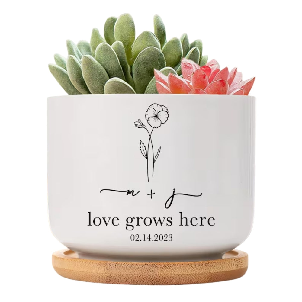Love Grows Here Custom Couple Initials Flower Pot, Custom Wedding Planter WD0335