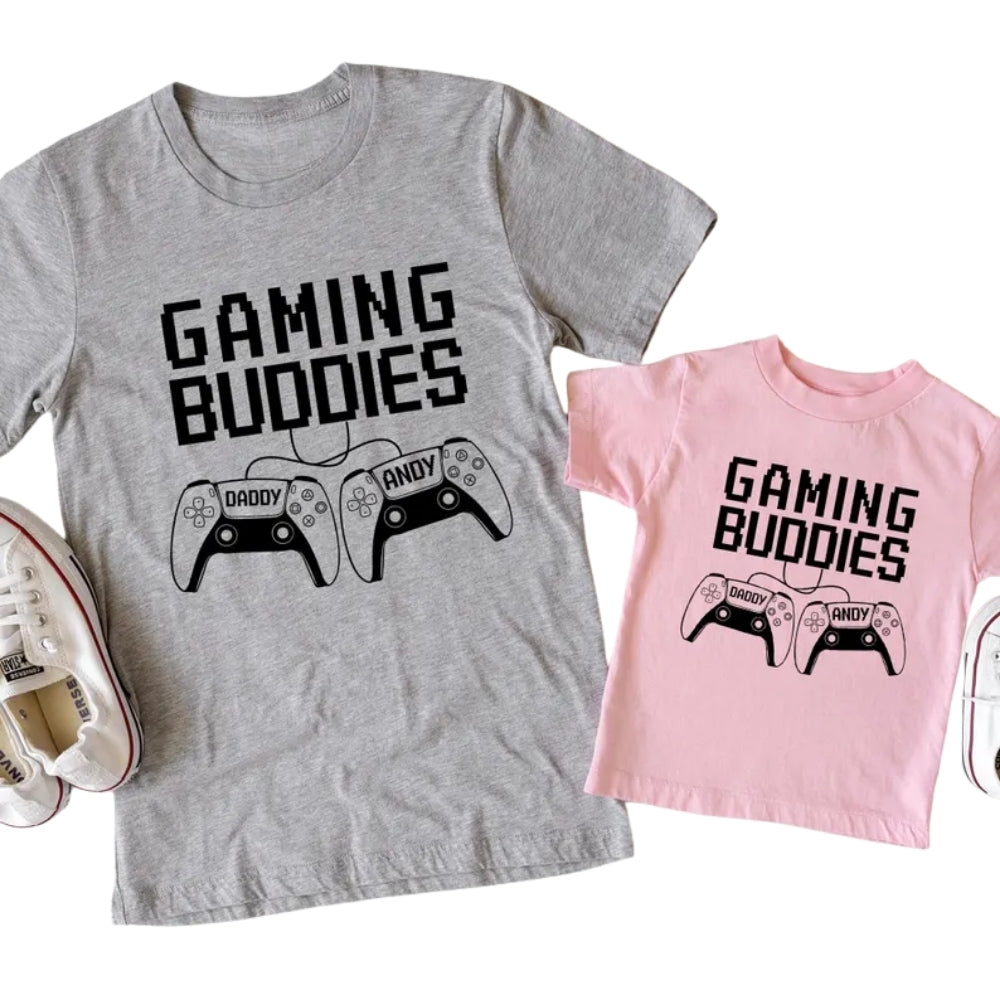 Game Buddies Personalized Daddy And Baby Name Matching T Shirt, Custom Gaming Matching Dad And Me Shirts For Father Day ET0981