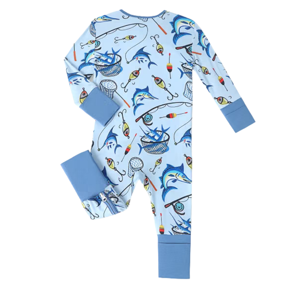 Blue Fishing Baby Romper Convertible Zipper, Fishing Baby Romper Convertible BB0607