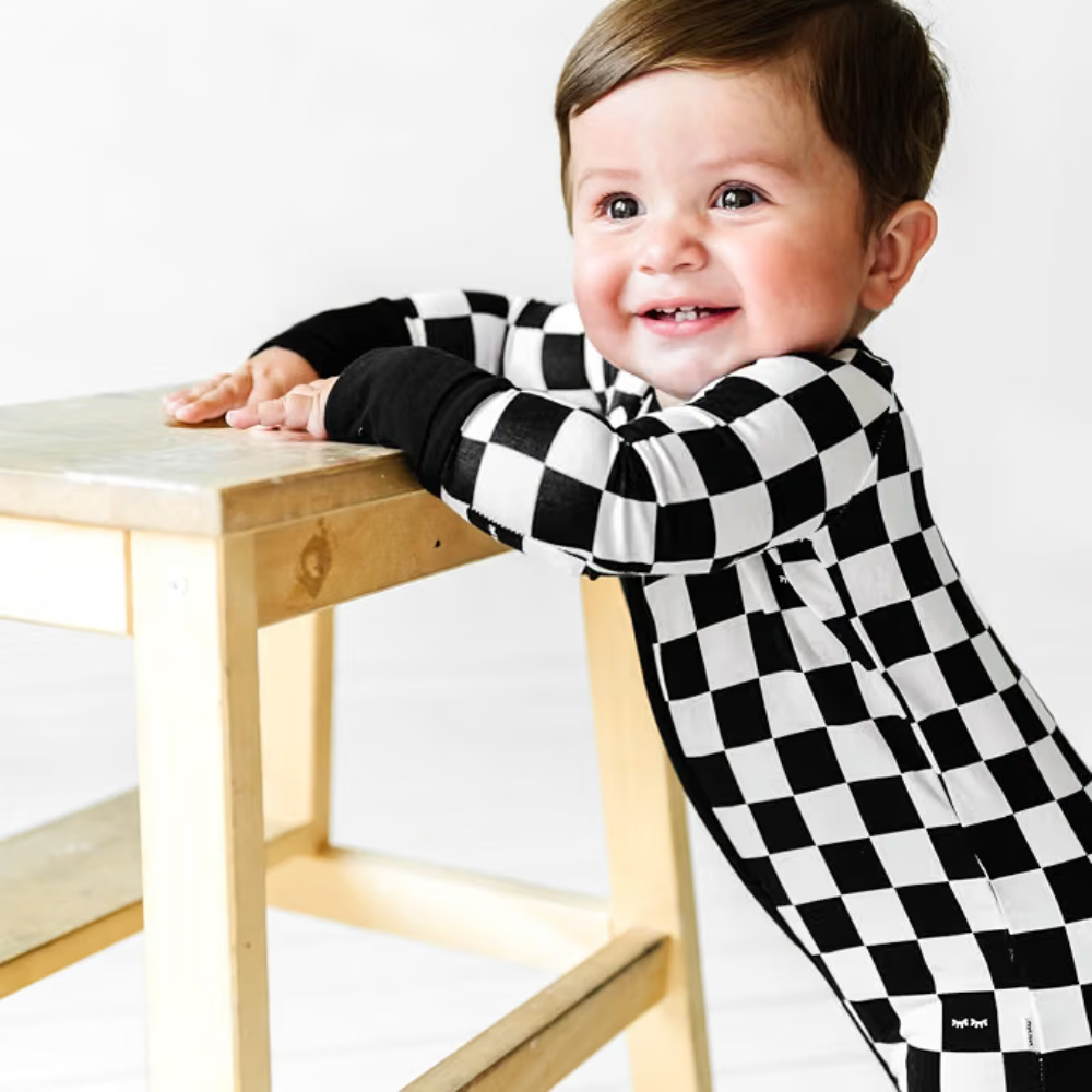 Checkered Black And White Baby Convertible Zippy Romper, Checkered Baby Romper Convertible BB0428