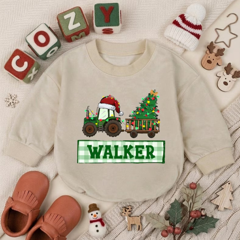Tractor Christmas Custom Name Baby Romper Sweatshirt, Custom Xmas Romper Sweatshirt Baby BB0939