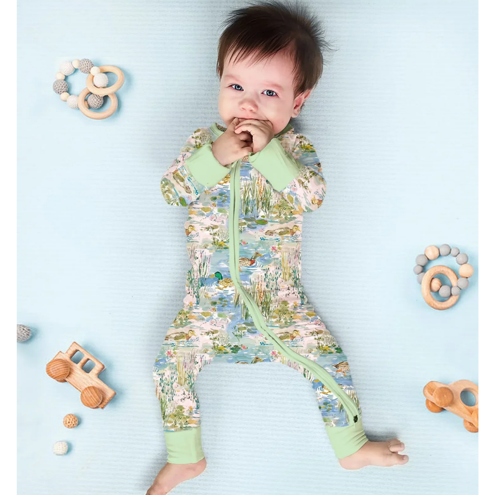 Mallard Duck Watercolor Baby Convertible Zippy Romper, Mallard Duck Baby Romper Convertible Green BB0831