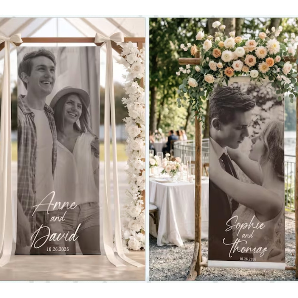 Custom Photo Black And White Linen Wedding Welcome Banner, Personalized Wedding Welcome Sign With Photo WD0913
