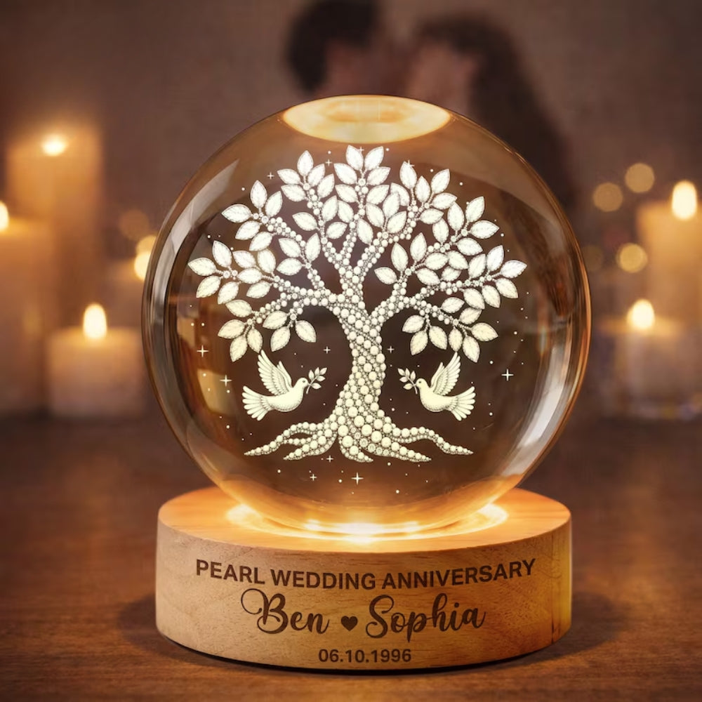 Custom Pearl Tree Crystal Ball Led Night Light Wedding Anniversary, Custom 30th Anniversary Couple Night Light WD0839