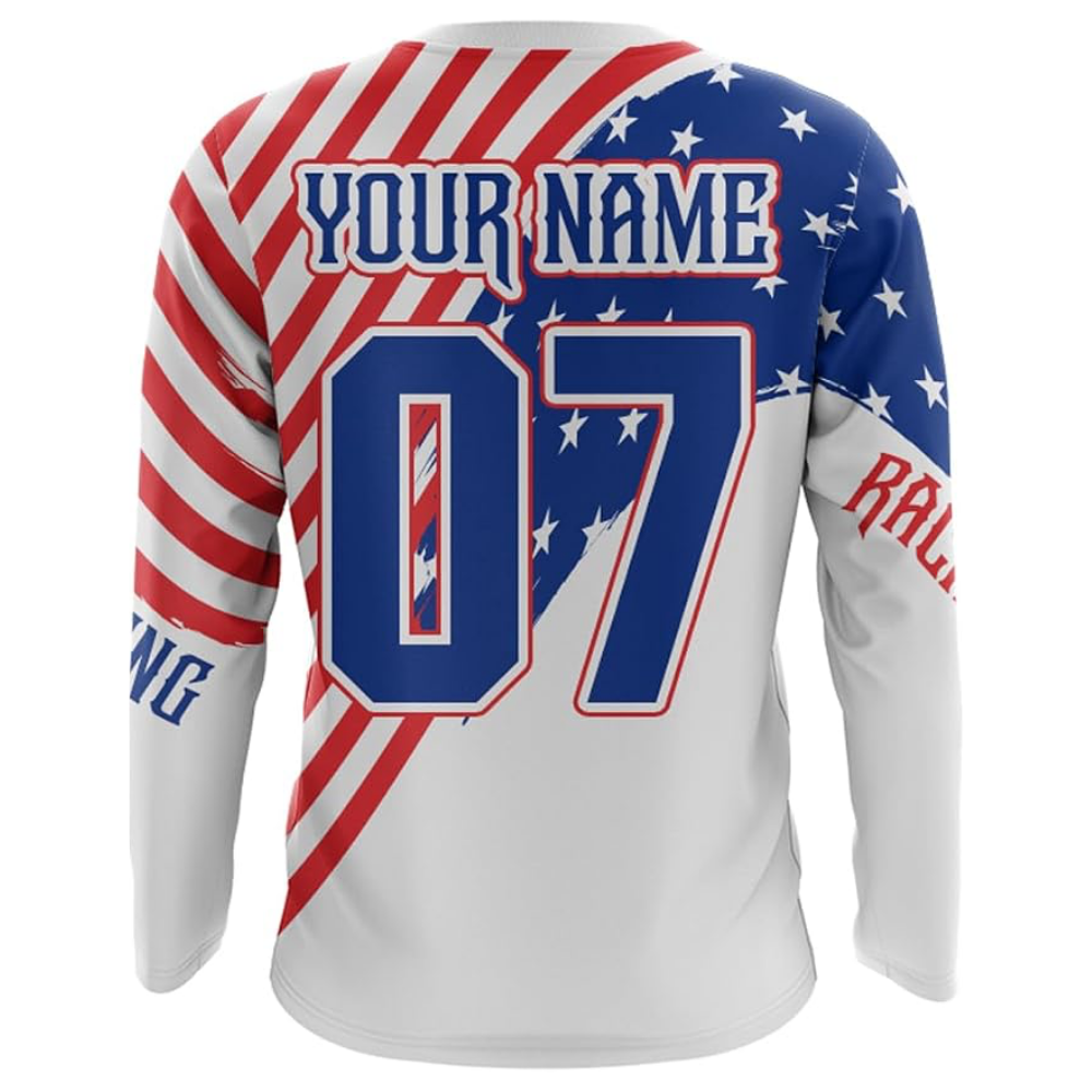 American Flag Custom Motocross Long Sleeve Jersey Mens, Custom Patriotic Racing Dirt Bike Shirts MZ0104