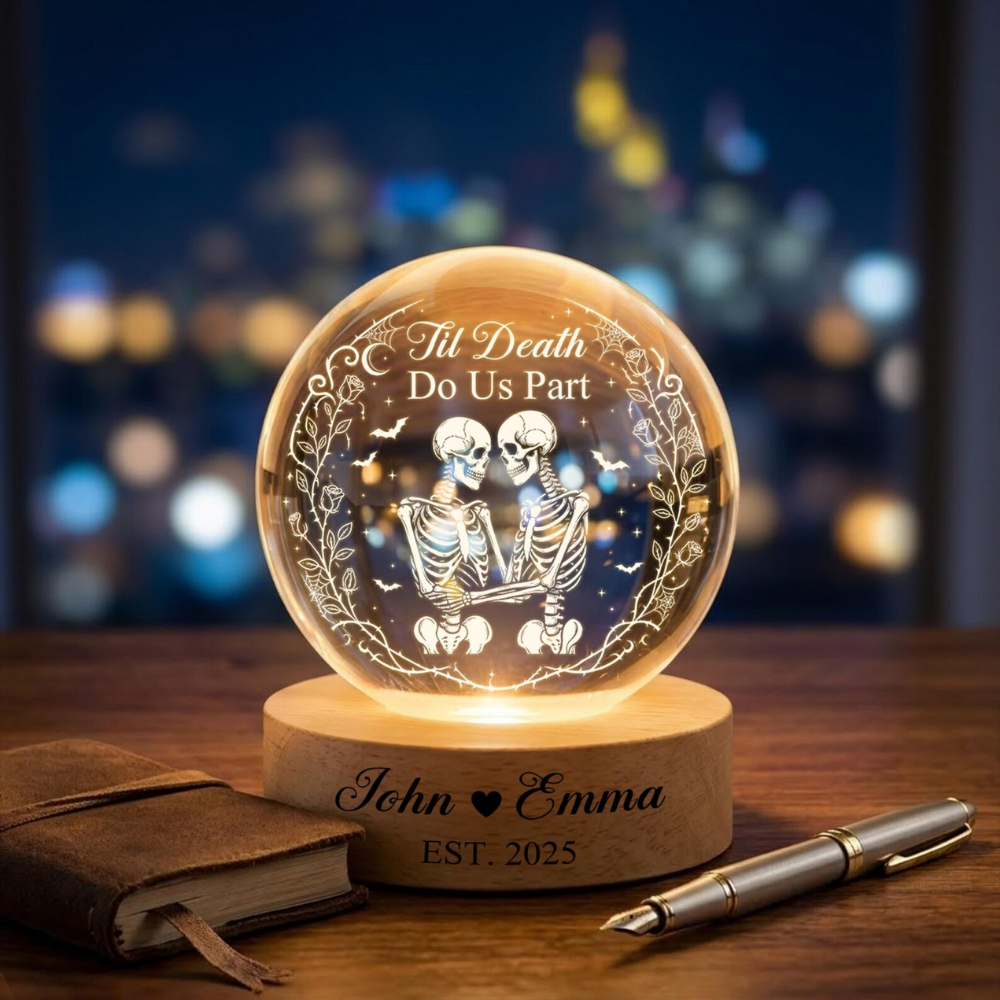 Til Death Do Us Part Custom Skeleton Couple Crystal Ball Led Night Light, Custom Wedding Keepsake Night Light WD0850