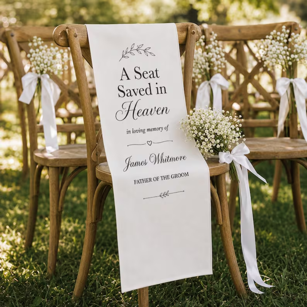 A Seat Saved In Heaven In Loving Memory Custom Wedding Chair Sign, Personalized Memorial Wedding Chair Banner WD0472