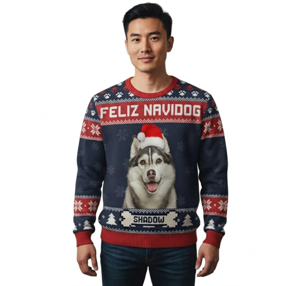 Feliz Navidog Custom Dog Photo Ugly Christmas Sweatshirt, Custom Dog Lover Christmas Sweater 2D1117