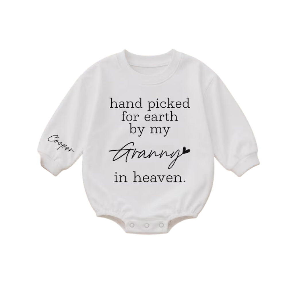 Hand Picked For Earth By My Grandpa In Heaven Custom Baby Romper Sweatshirt, Custom Grandpa Memorial Romper Sweatshirt For Baby BB0941