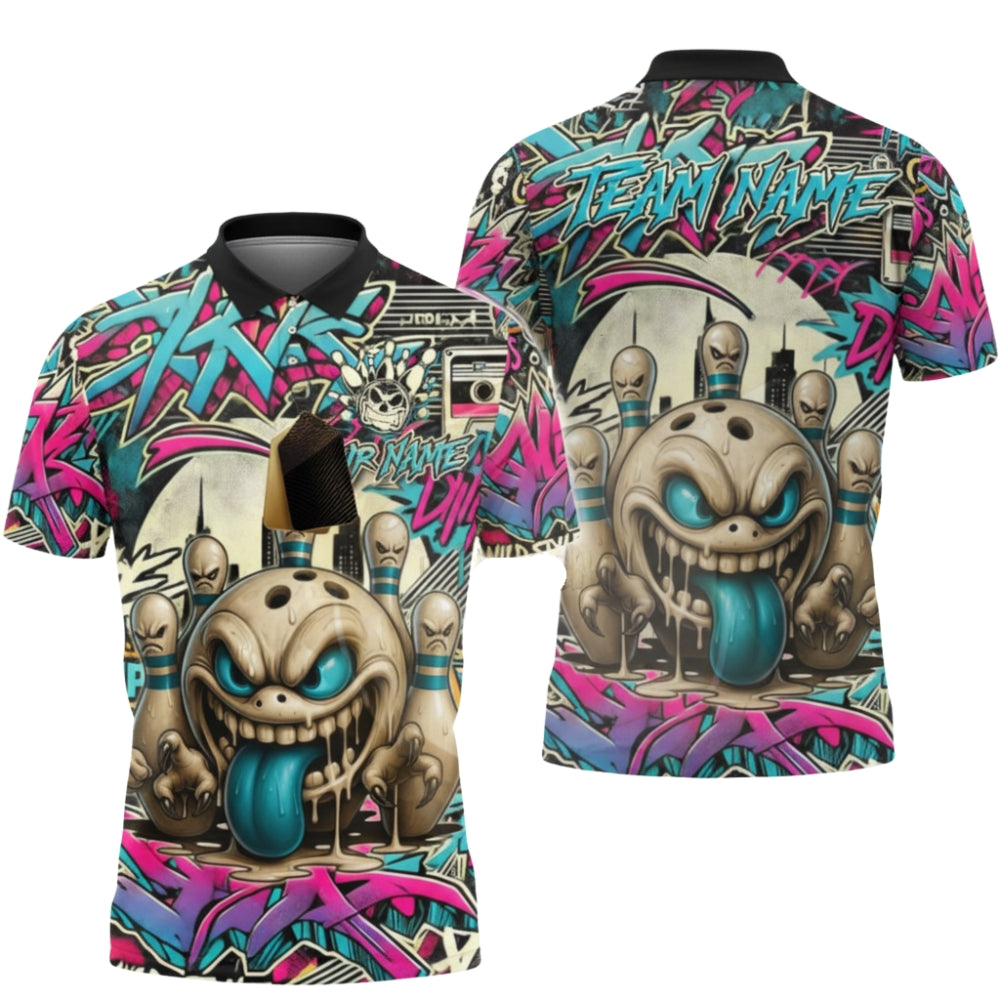 Custom Angry Pins and Ball Graffiti Bowling Polo Shirts Mens, Custom Graffiti Bowling Team Shirts BZ0355