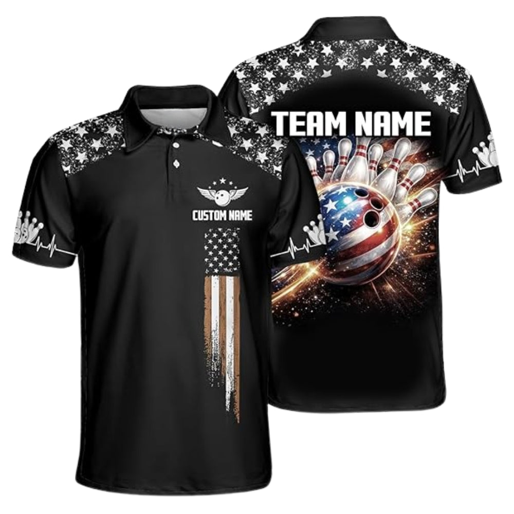 Custom American Flag Ball Bowling Polo Shirt Men, Custom Patriotic Bowling Team Shirts BZ0359