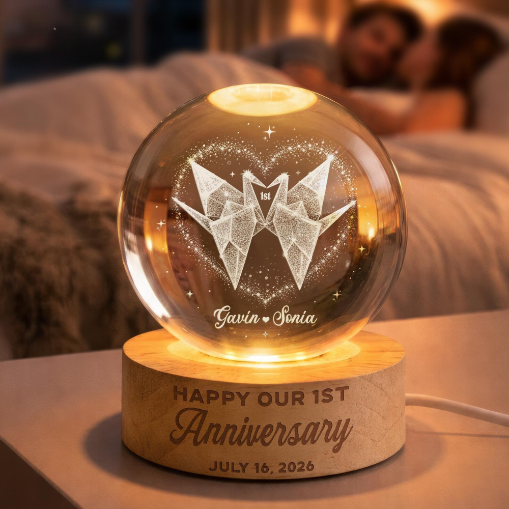 Personalized 1st Anniversary Crystal Ball Led Night Light, Custom 1 Year Wedding Anniversary Night Light WD0844