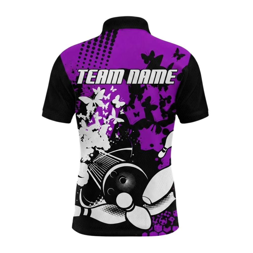 Custom Butterfly Mens Bowling Polo Shirt Purple And Black, Custom Butterfly Bowling Shirts For Team BZ0518