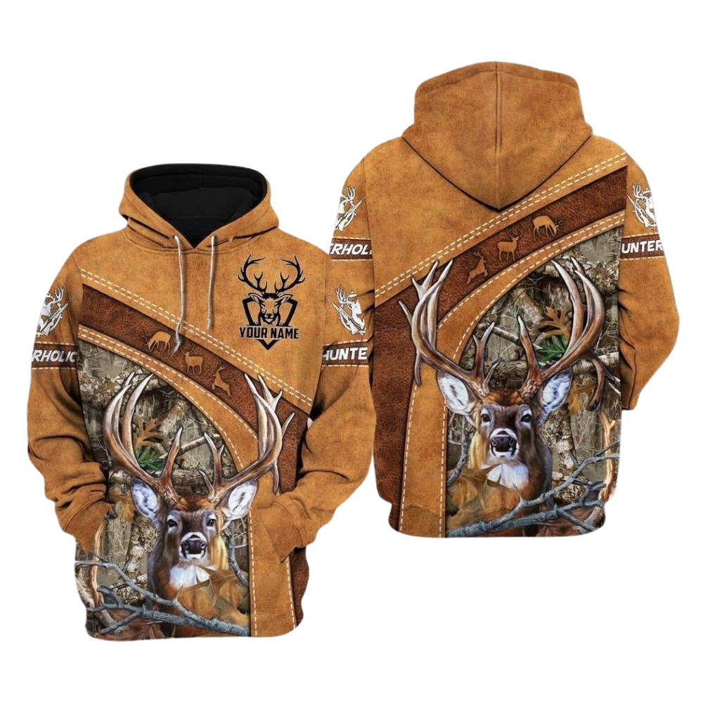 Custom Deer Hunting Hoodie 3D Printed With Name, Personalized Hunterholic Hoodie Brown 2D1188
