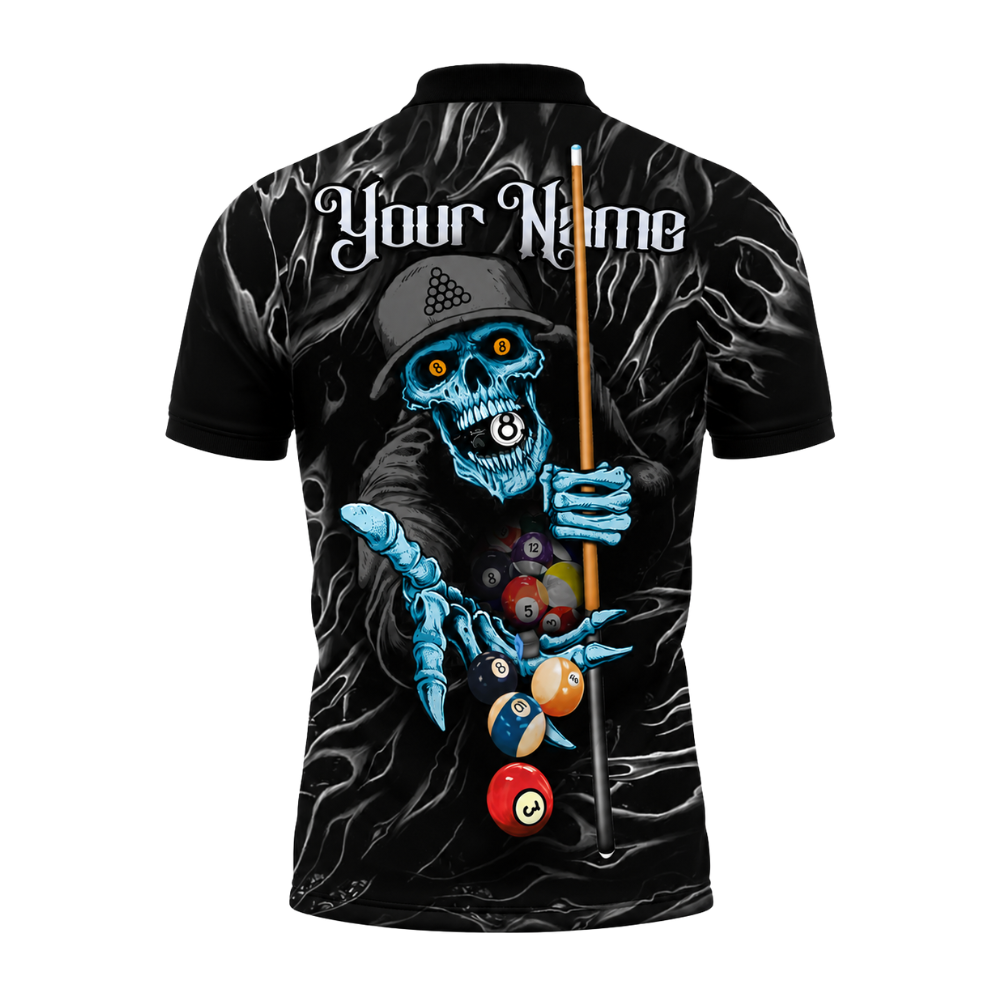 Custom Skull Black Cyan Billiard Polo Shirts for Men, Custom Skull Billiard Shirts BIZ0309