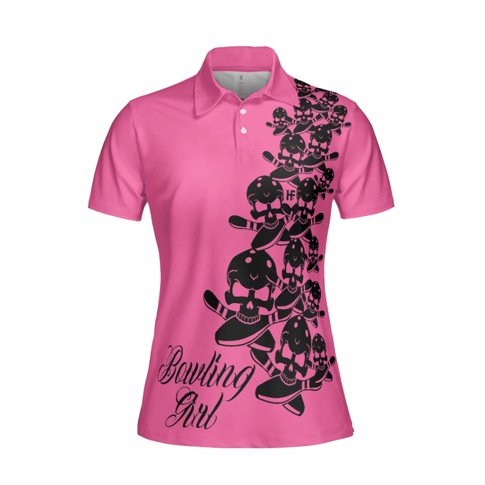 Skull Pink Bowling Polo Shirt For Women, Skull Bowling Shirt For Women BZ1077