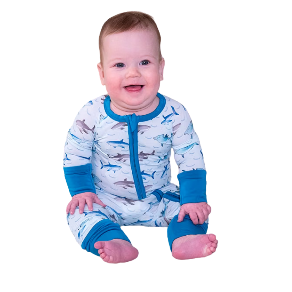 Shark Ocean Blue Baby Romper Convertible Zipper, Shark Baby Romper Convertible BB0436