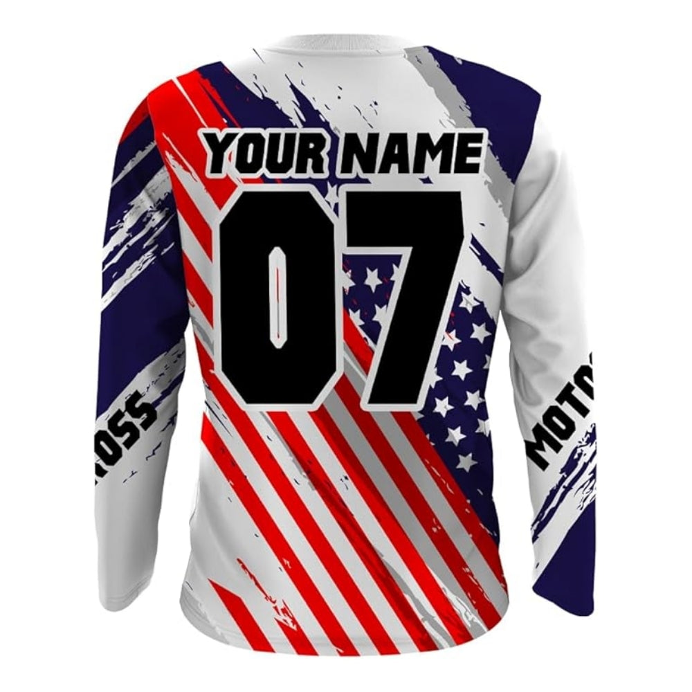 Custom American Flag Motocross Riding Long Sleeve Jersey Shirts For Men, Custom Patriotic Motocross Shirts MZ0028