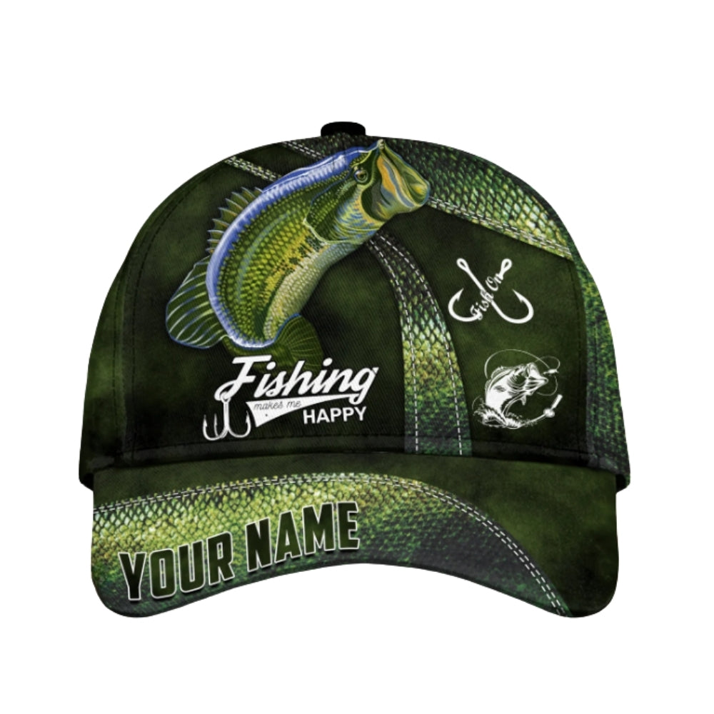 Custom Largemouth Bass Fishing Makes Me Happy Cap, Custom Fishing Caps CP0340