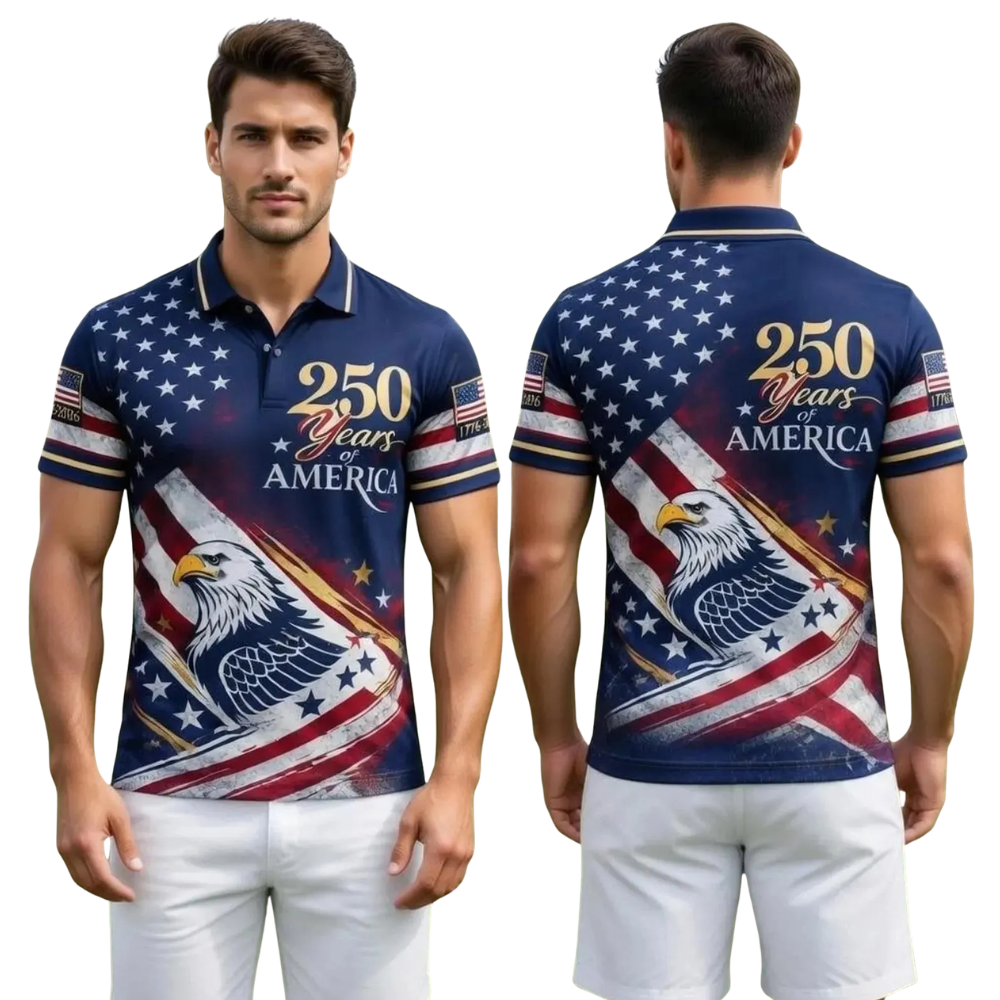 Eagle USA Flag 250 Years Of America Matching Golf Polo Shirt For Men Women, 4th Of July Couple Golf Shirts GE0552