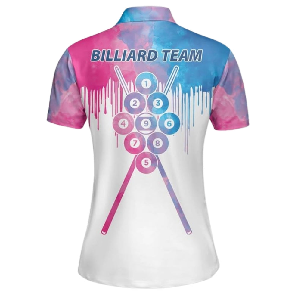 Custom Team Blue Pink Water Color Women's Billiard Polo Shirt, Custom Billiard Shirts For Ladies BIZ0228
