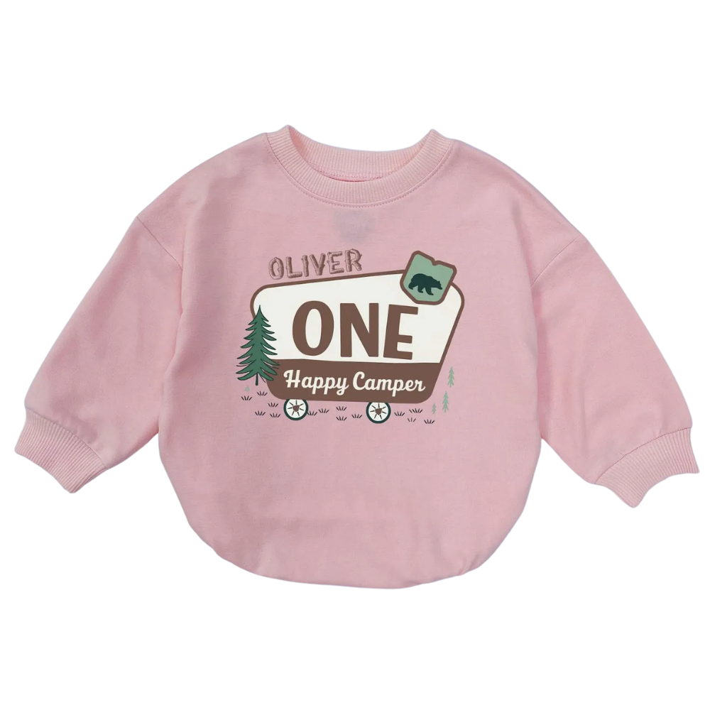 Cusom One Happy Camper Baby Romper Sweatshirt, Custom Camping First Birthday Romper Sweatshirt For Baby BB0521