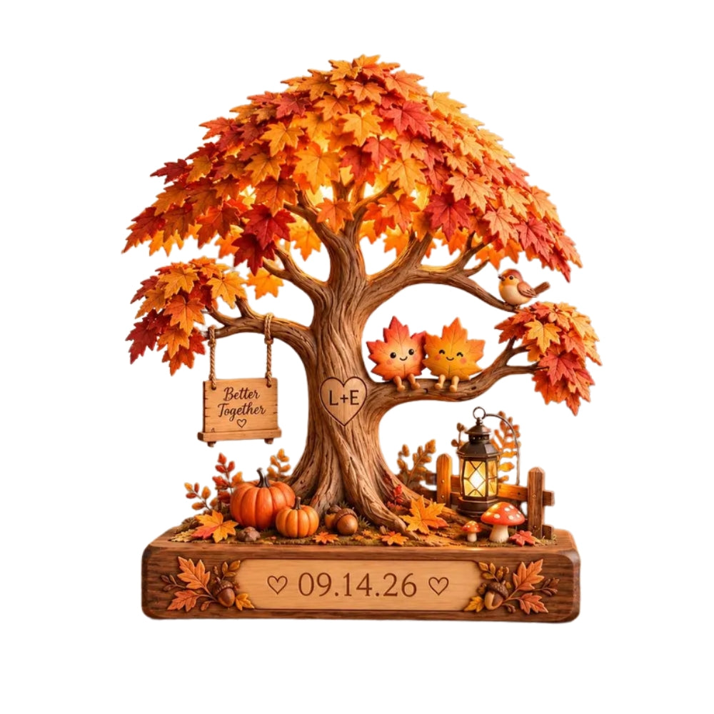 Custom Fall Wedding Layer Wooden Plaque With Couple Name, Autumn Tree Custom Wedding Keepsake Wooden Block WD0890