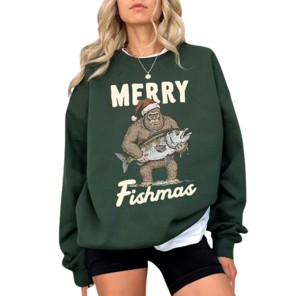 Merry Fishmas Bigfoot Christmas Sweatshirt, Christmas Fishing Sweatshirt 2D0642