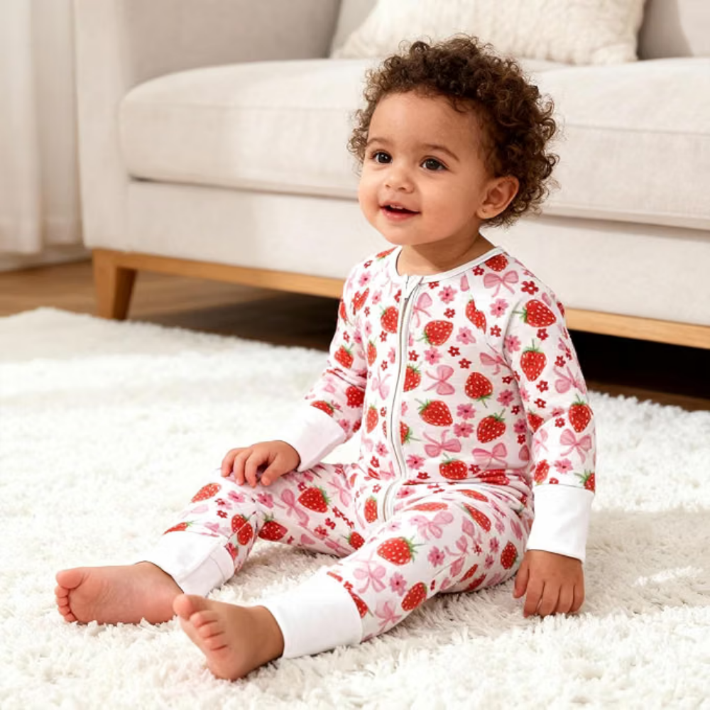 Strawberry And Bow Baby Convertible Zipper Romper, Strawberry Baby Romper Convertible BB0440