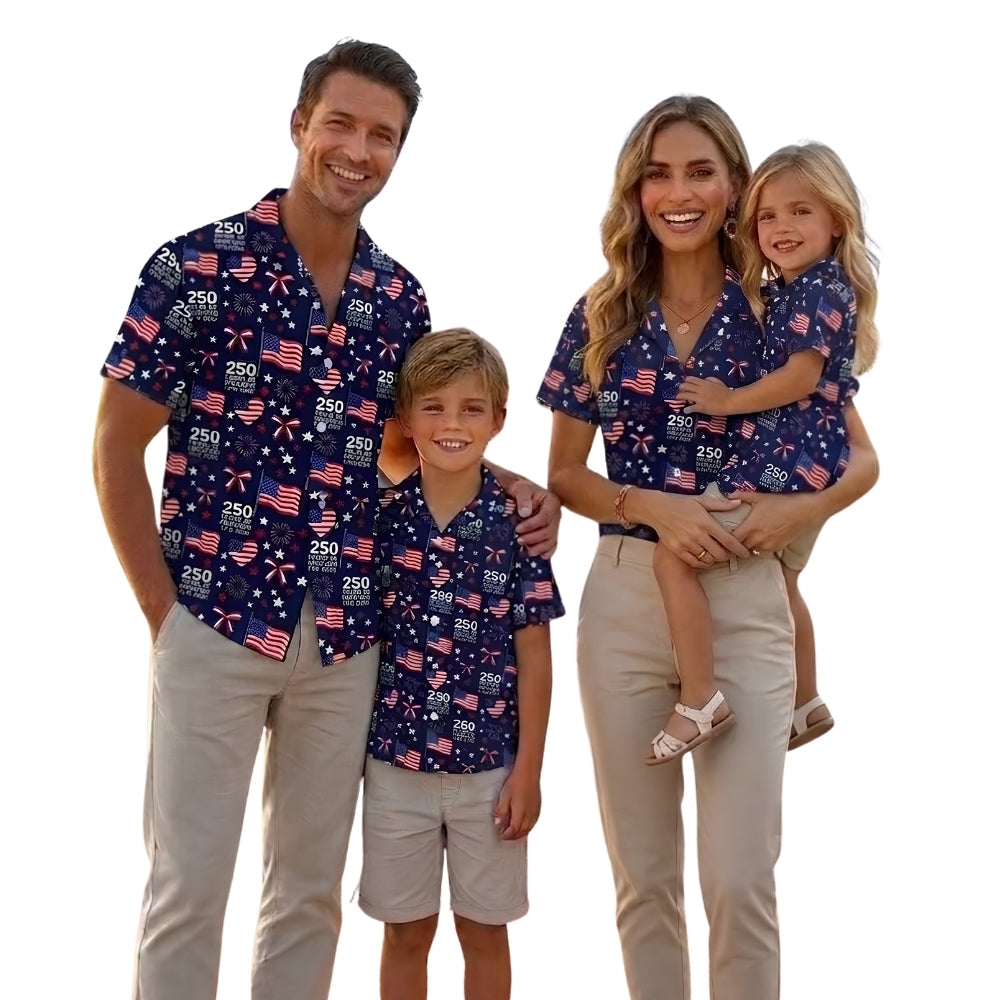 250 Years American Flag Navy Matching Family Hawaiian Shirt, Matching Fourth Of July Family Shirts ET0991