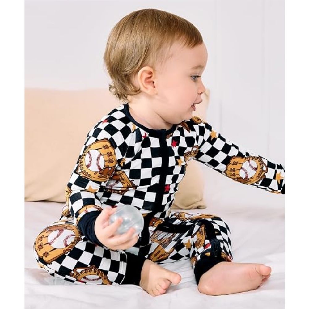 Baseballs Checkered Baby Romper Convertible Zipper, Baseball Baby Convertible Romper BB0362