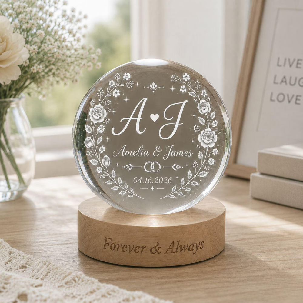 Custom Couple Initials Crystal Ball Led Night Light, Custom Anniversary Couple Night Light WD0851