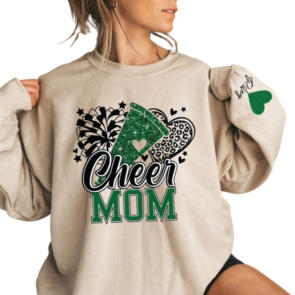 Custom Green Cheer Mom Sweaters With Bling, Custom Cheer Sweatshirts For Mom 2D0020