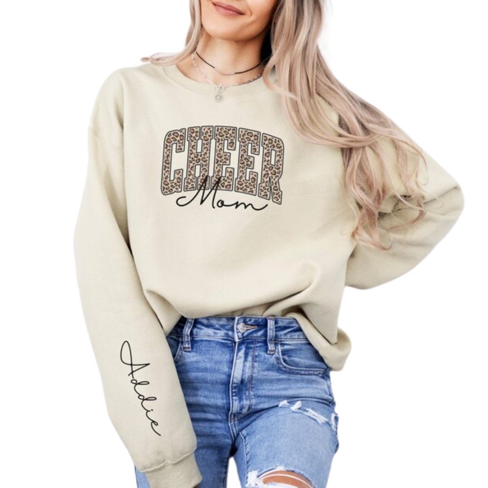 Custom Women Leopard Cheer Mom Sweaters, Custom Cheer Mom Sweatshirts 2D0040