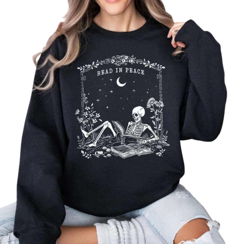 Skull Read In Peace Sweatshirt, Skull Reading Book Lover Sweatshirt 2D0069