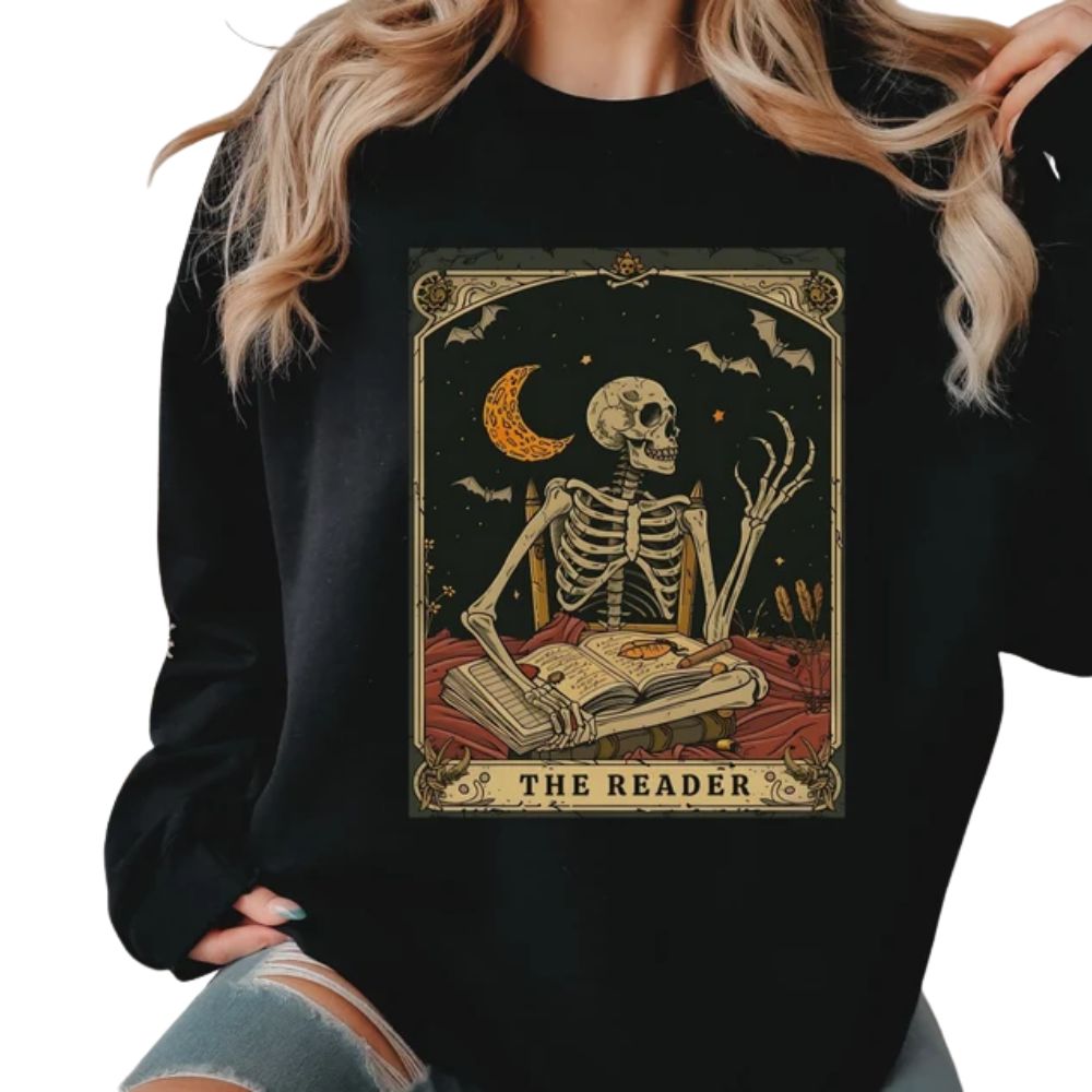 The Reader Tarot Card Sweatshirt, Skeleton Reading Lover Sweatshirt 2D0098
