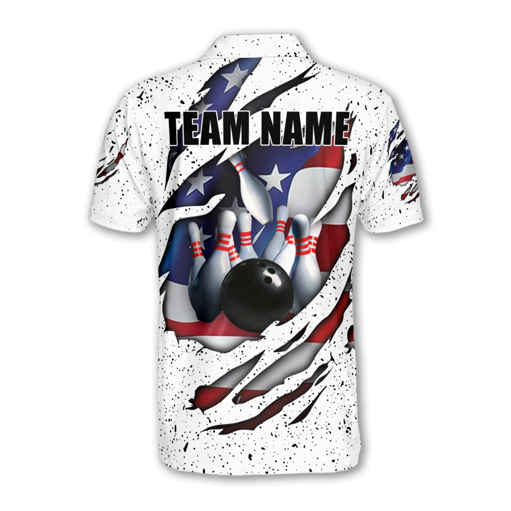 Custom Grunge White American Flag Bowling Polo Shirt For Mens, Custom Patriotic Bowling Team Shirts BM0339