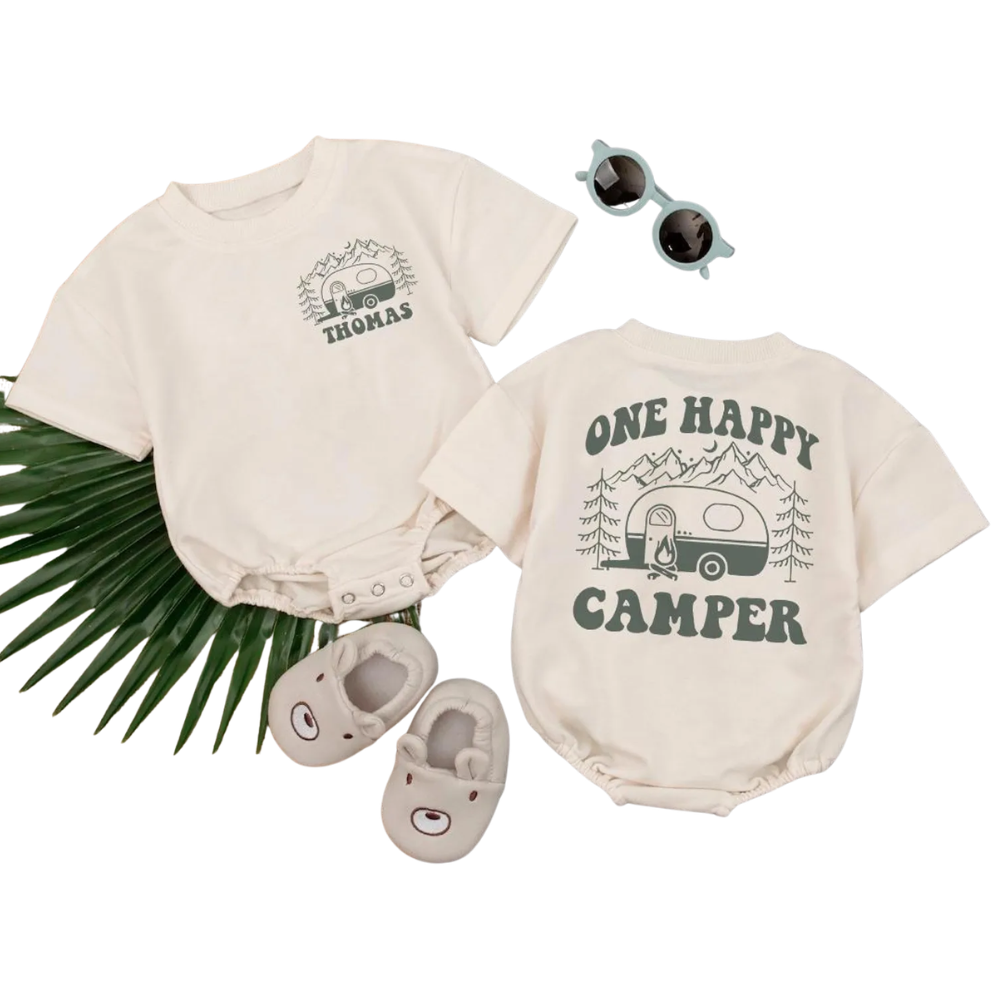 One Happy Camper T Shirt Romper, First Birthday Baby Romper BB0158