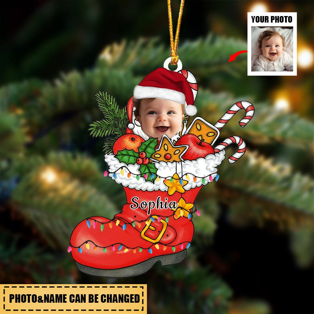 Personalized Cute Christmas Kid Santa Shoe Upload photos Acrylic Ornament OO1603